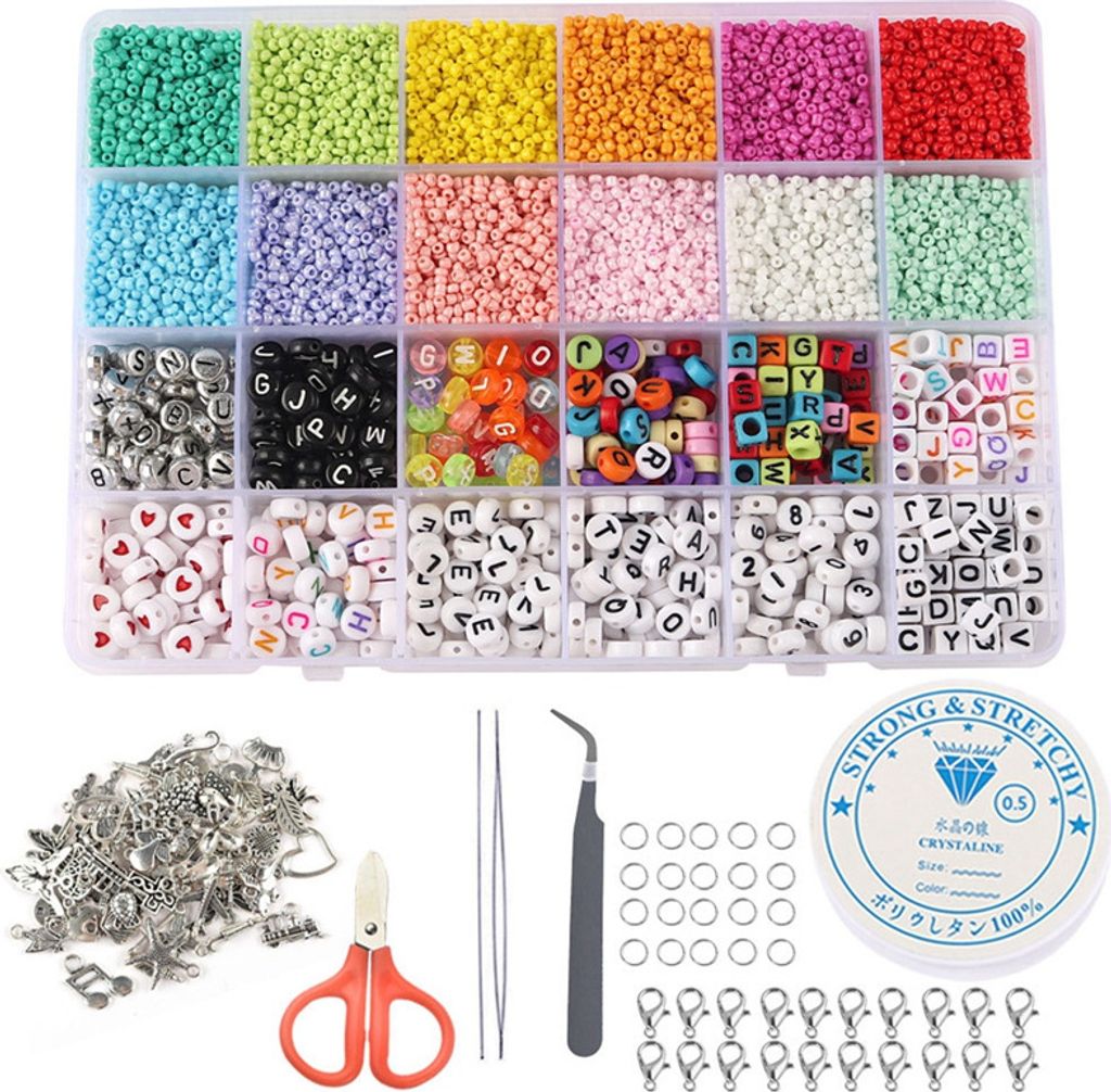 Perlen zum Auffädeln 24 Farbe DIY Perlen Set 2mm Glasperlen+6 mm Buchstaben für Armbänder Selber Machen Set Diy-Geschenk