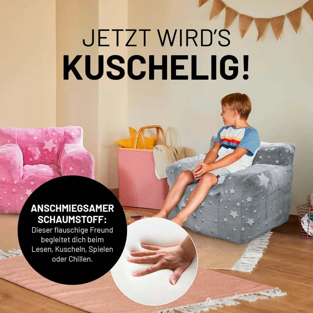 Pouf Enfant Luminescent Doux et Lavable avec Motifs Étoiles Lumaland - 7