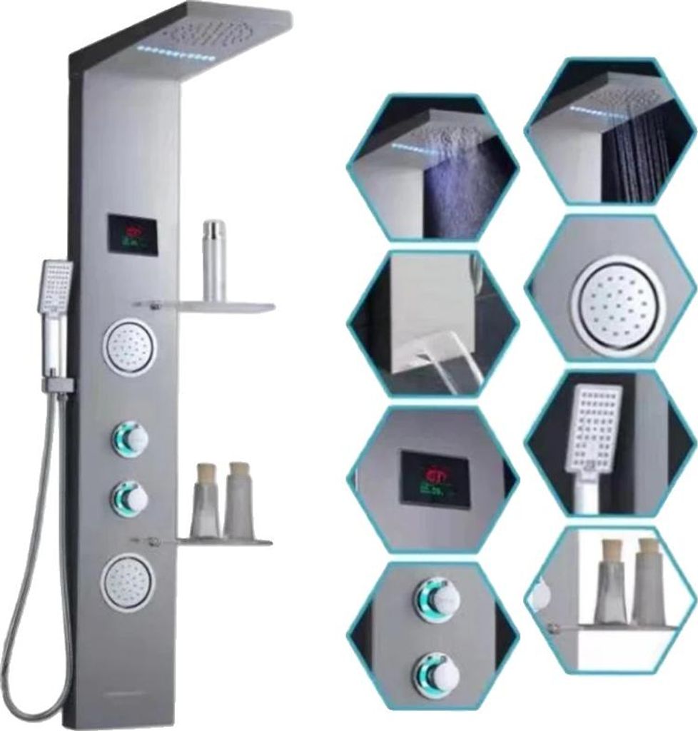 LED Dusche Panel, Wasserfall Regen, Digitale Anzeige, Gebürstetes Nickel 6001