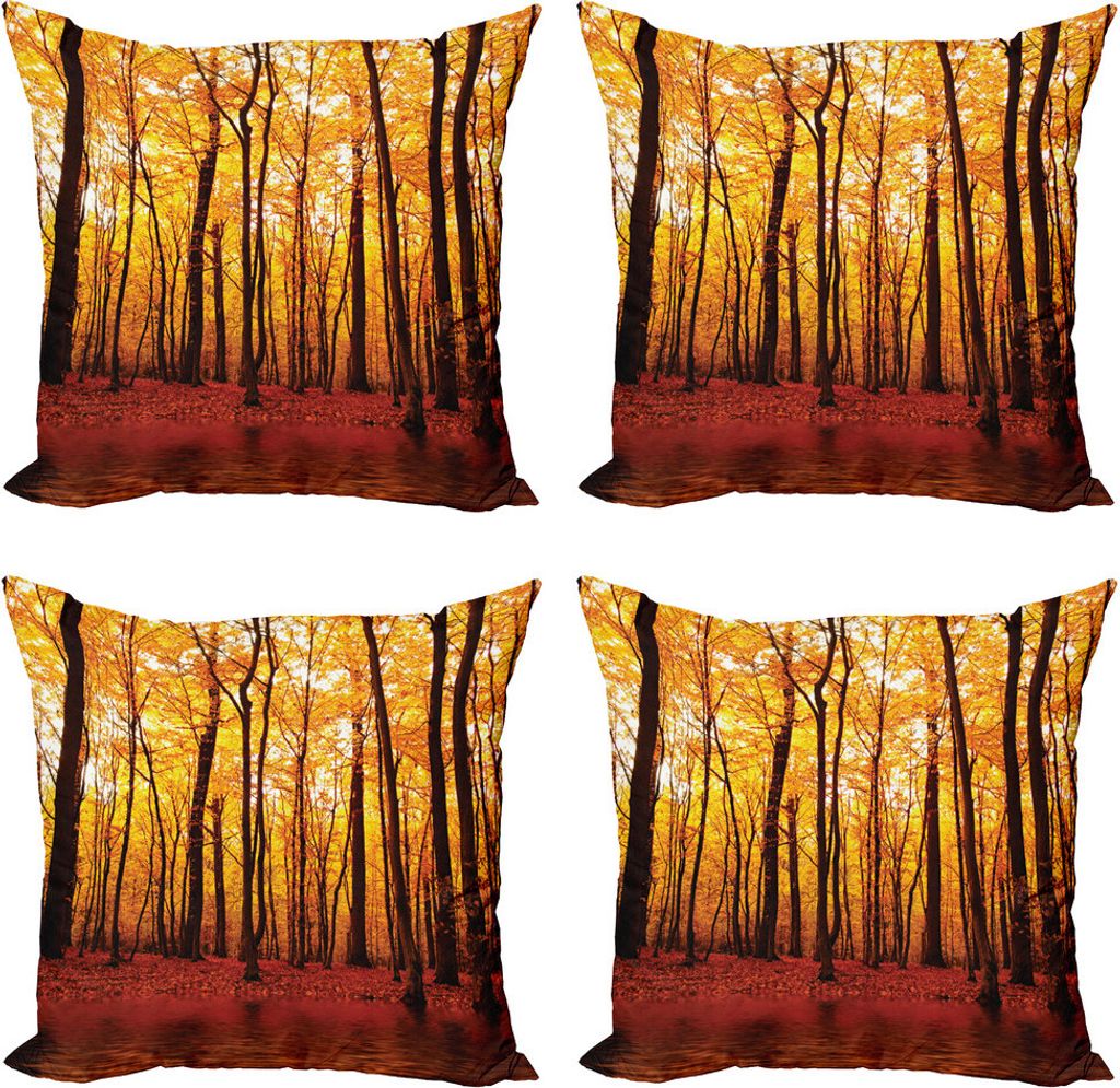 ABAKUHAUS Natur Kissenbezug Set (4 Stück), Herbst-Waldbäume, Moderner Doppelseitiger Digitaldruck, 45 cm x 45 cm, braun orange