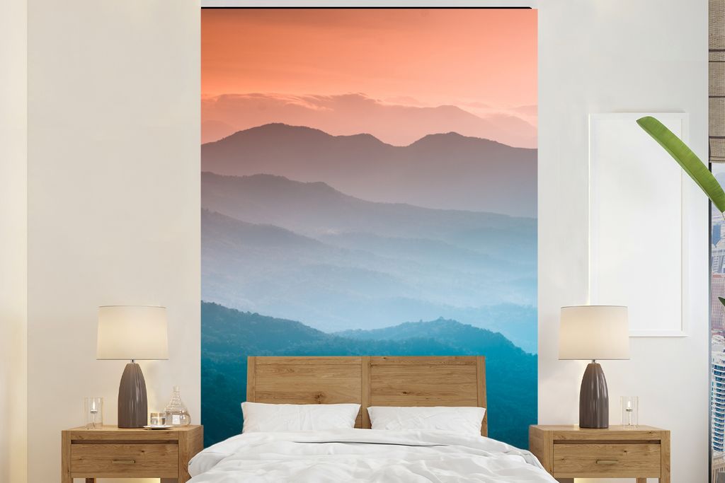 MuchoWow Fototapete für Wohnzimmer oder Schlafzimmer Wandtapete Vinyl Motivtapete Berge - Sonne - Orange - Natur - 195x300 cm - Das Hintergrundbild