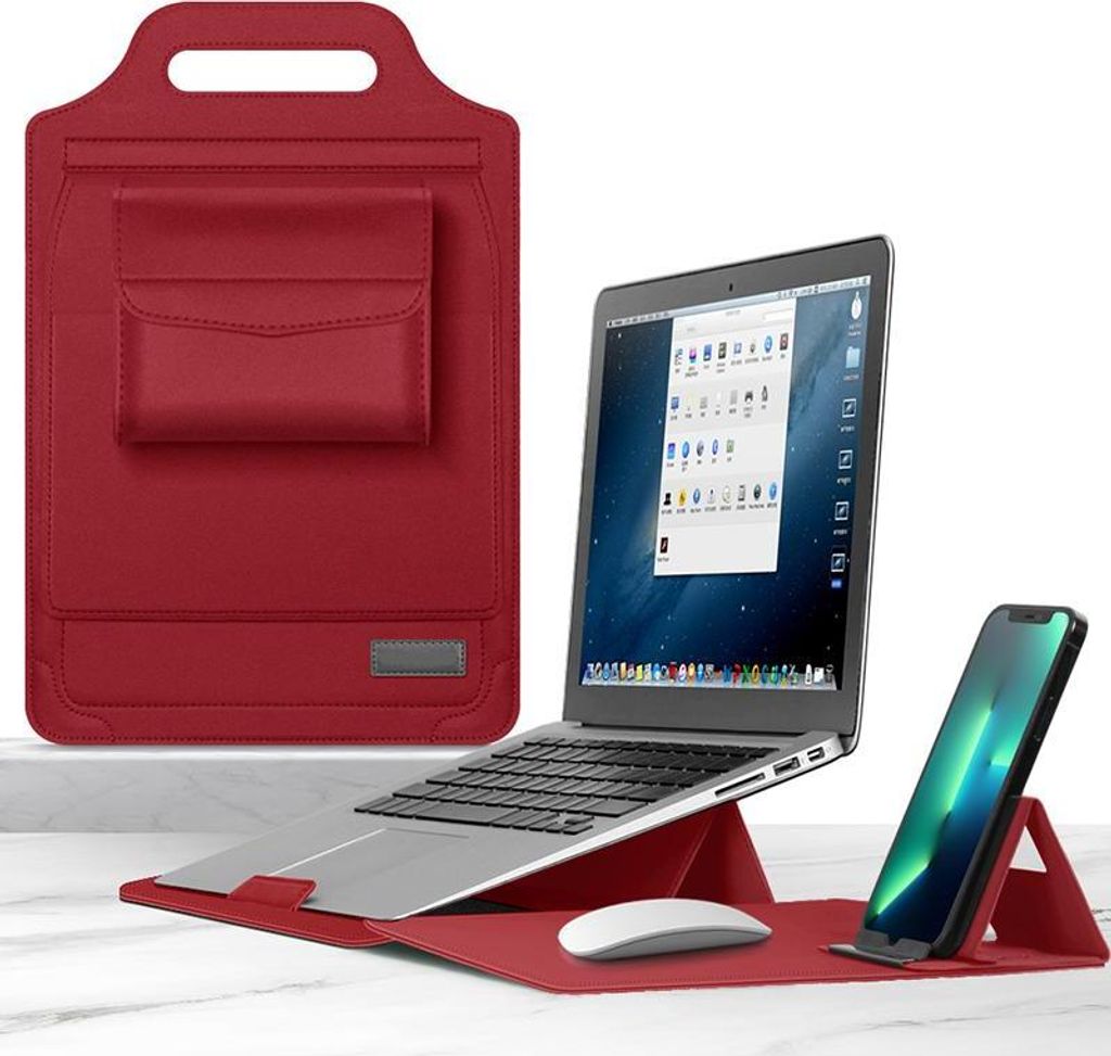 Multifunktionale Laptop-Tasche, Tragbare Halterung, PolyurethanWasserdicht, Faltbarer Ständer mit Handyhalterung, 11-12 inch, Rot