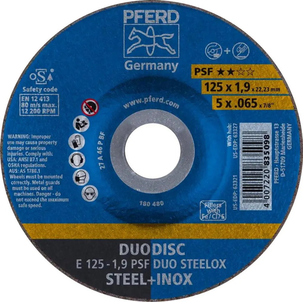 Disco combinato PSF DUODISC STEELOX D125xS1,9mm grana 46 coronato PFERD