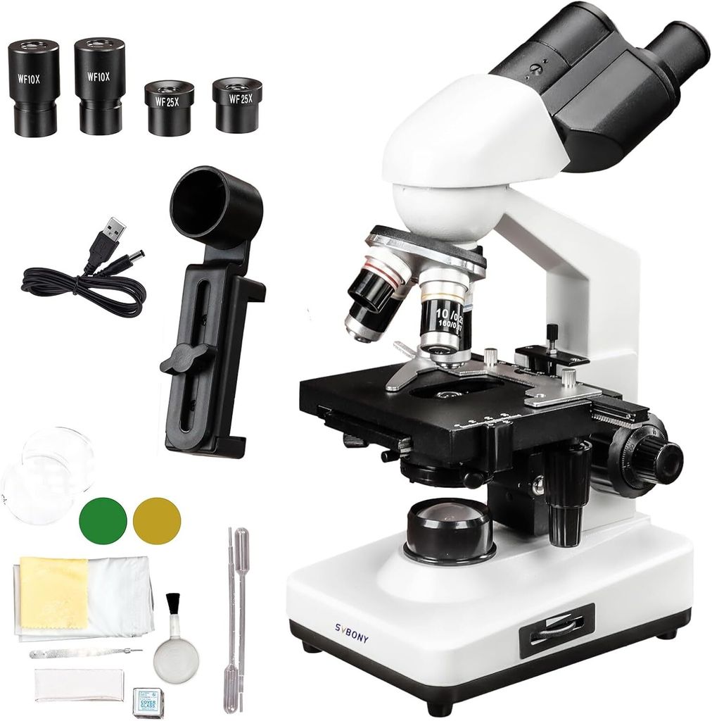 Svbony SM201 Binokular Compound Mikroskop, 40X-2500X Lab Binokular Mikroskop, LED Beleuchtung Koaxialer Kreuztisch, für Studenten Erwachsene