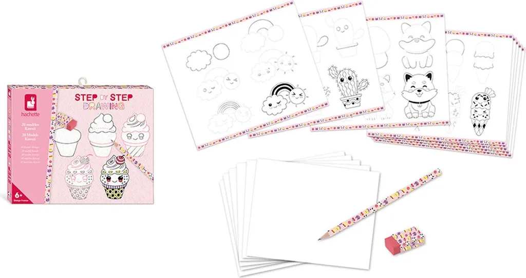 Janod Atelier Step by Step Kawaii - Set de dessin avec pochoirs et modèles