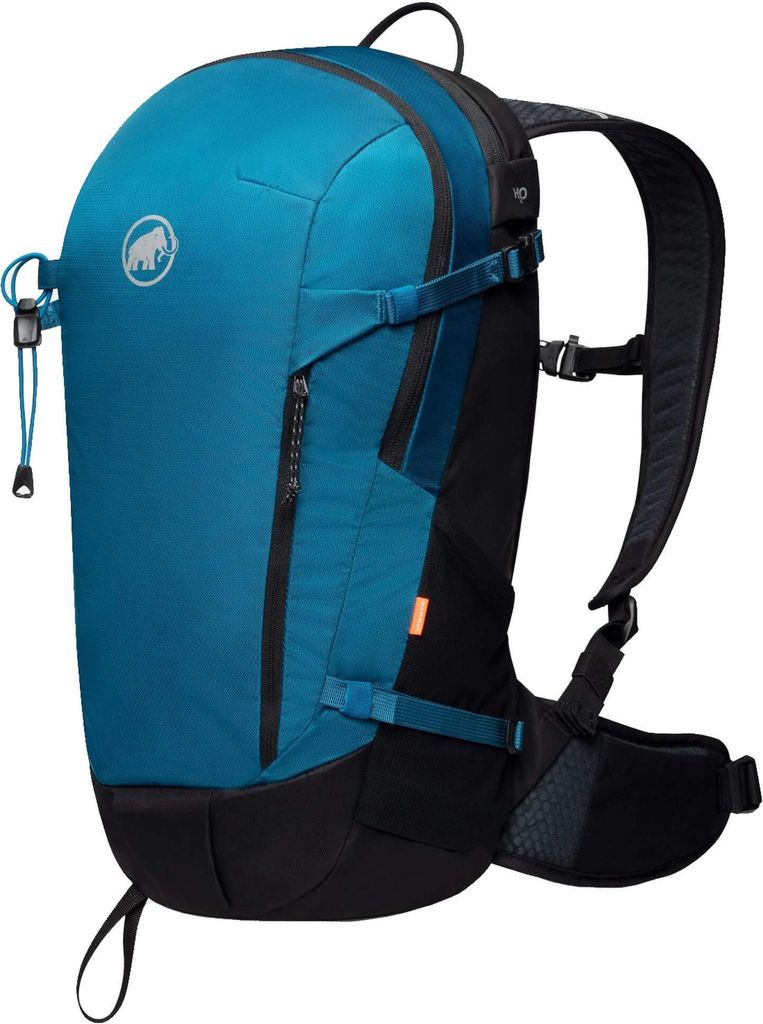 A blue and black backpack shown from the side.