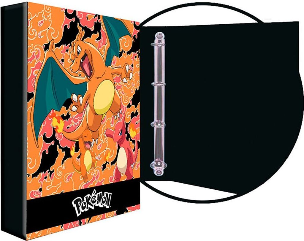 An open binder with a colorful Pokemon design on the cover.