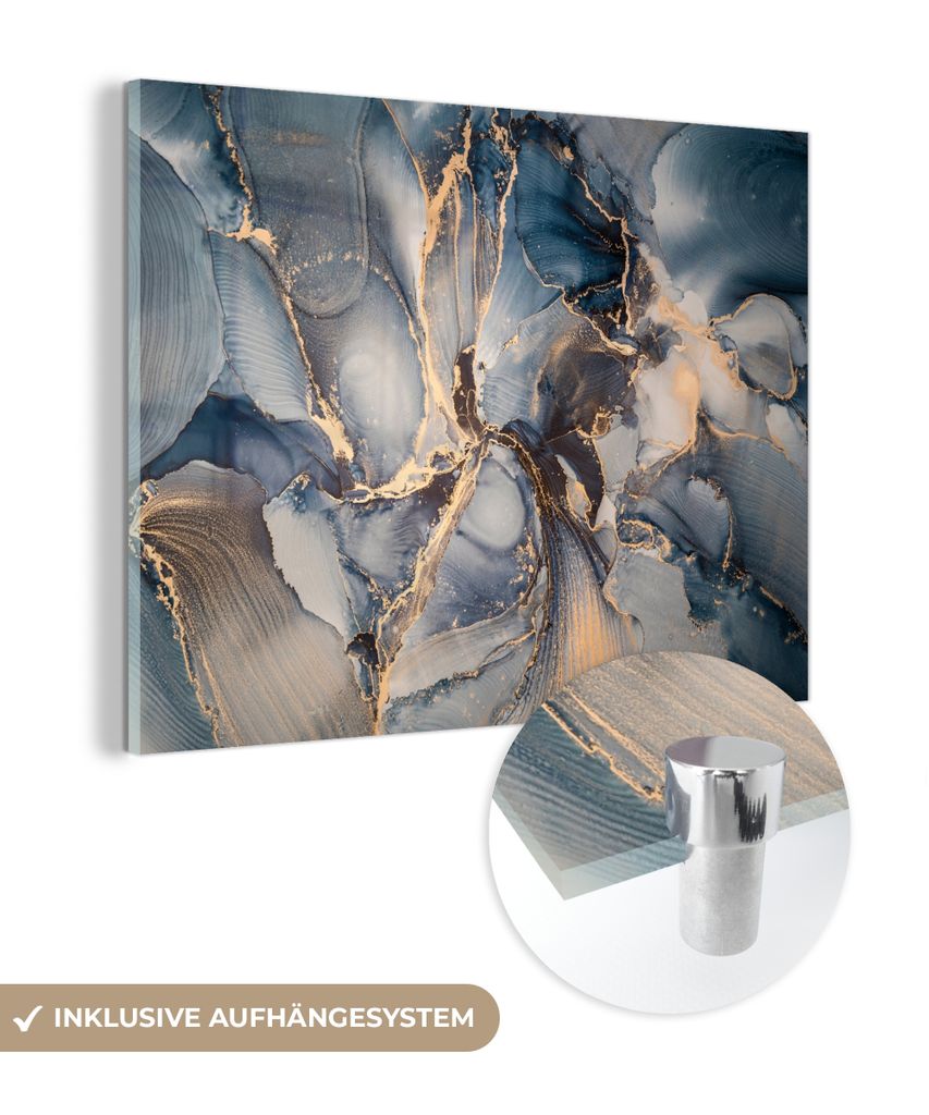 MuchoWow Glasbilder - Bilder auf Wandbild - Foto auf Glas Marmor - Grau - Blau - Luxus - Gold 80x60 cm Wanddekoration aus Glas - Acrylglasbild - Ac...