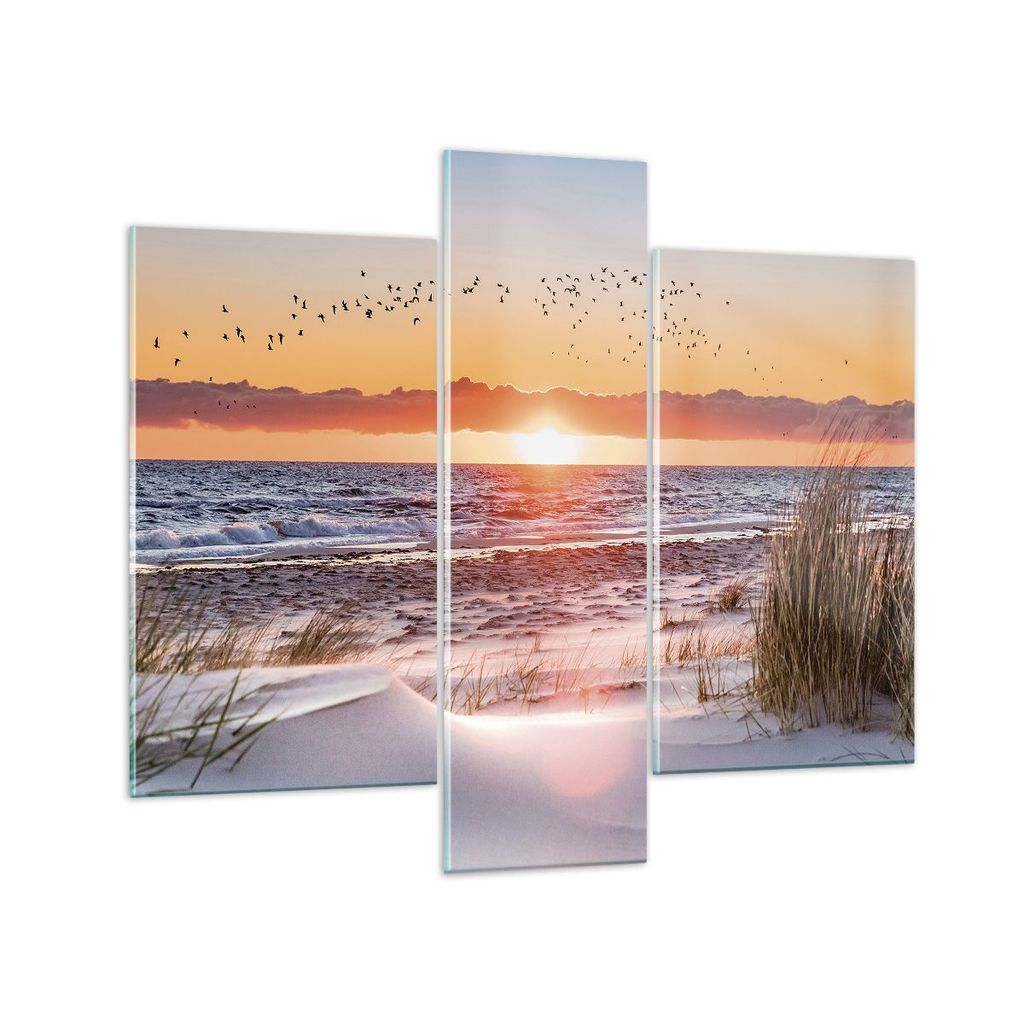 Bilder auf glas - 3 Teile - Sonne Strand Vögel - 95x80cm - Glasbilder - Wandbilder - Bilder - zum Aufhängen bereit - Wanddekoration aus Glas - Gl...