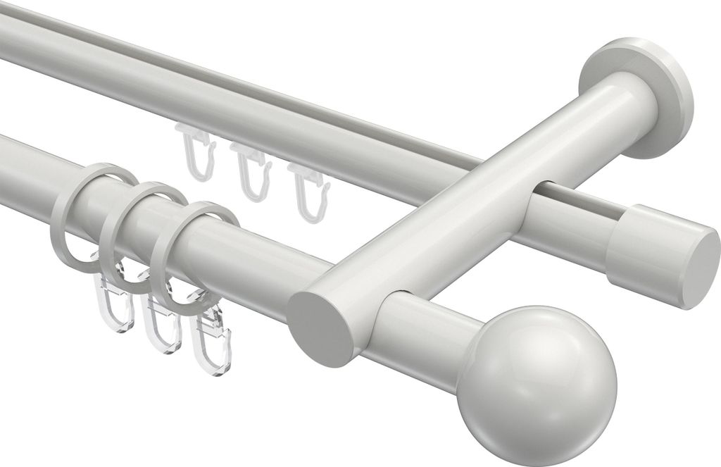 Interdeco Rundrohr-Innenlaufstange / Gardinenstange (Kombination) Weiß, Typ Platon Luino (Kugel), 20 mm Ø 2-läufig, 420 cm
