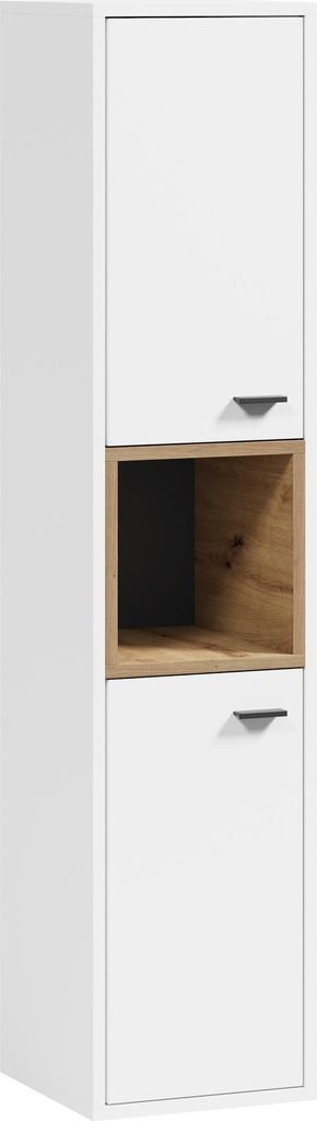 Badezimmerschrank Oliver 30 x 30 x 133 cm - Weiß mit Eiche - 2-türige Wandsäule