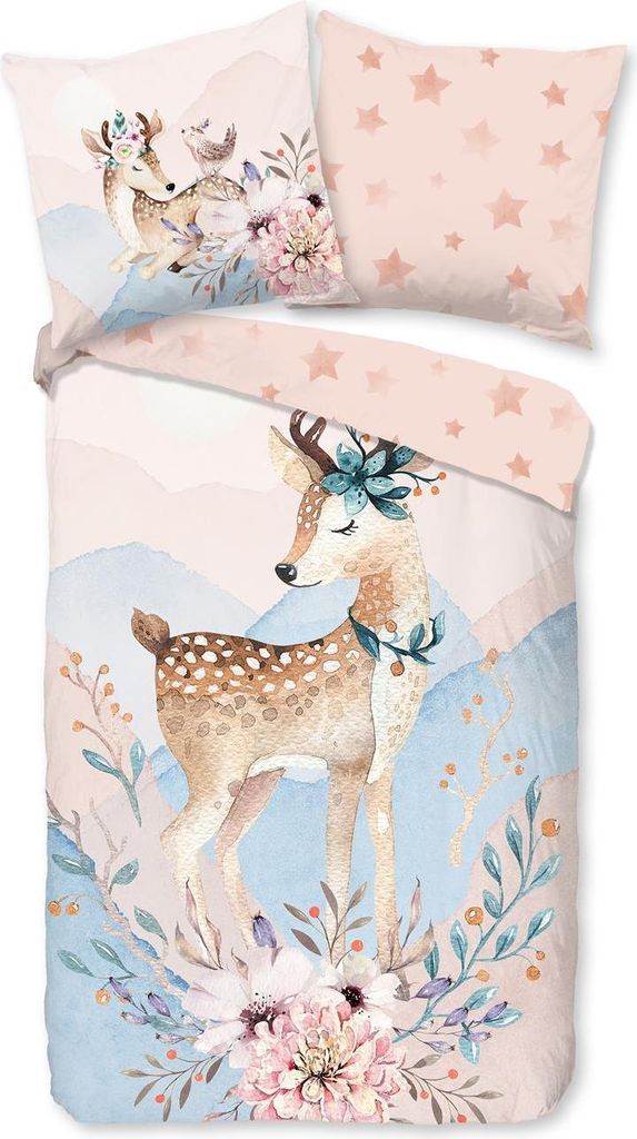 Soma Biber Wende Bettwäsche 2 teilig 135 X 200 cm + 1 x 80 X 80 cm Rehkitz Reh rosa blau