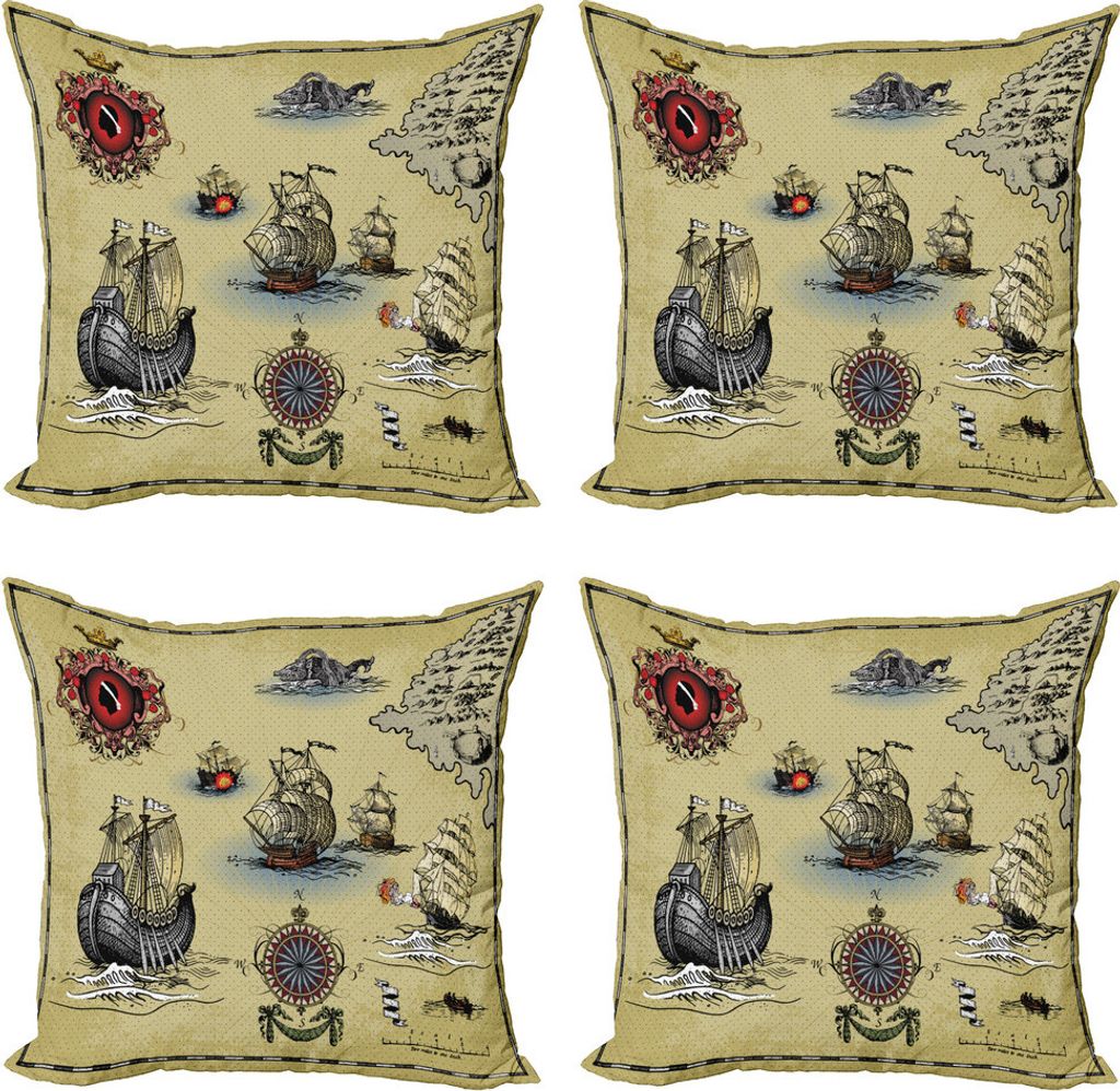 ABAKUHAUS Kompass Kissenbezug Set (4 Stück), Antike Karte Pirat, Moderner Doppelseitiger Digitaldruck, 50 cm x 50 cm, Beige Rot Grau