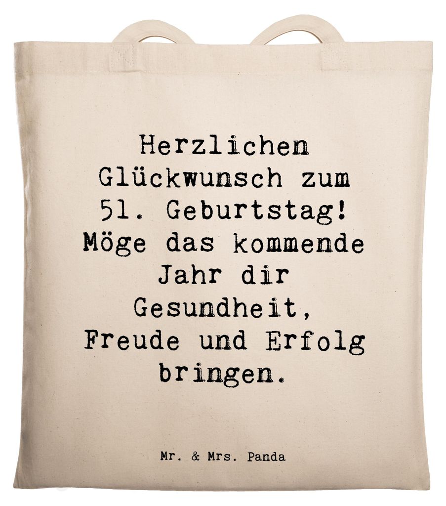 Mr. & Mrs. Panda Tote Bag Spruch 51. Geburtstag Freude - Transparent - Geschenk, Meilenstein, Geburtstagsparty, Glückwünsche, Schultasche, Einkau...