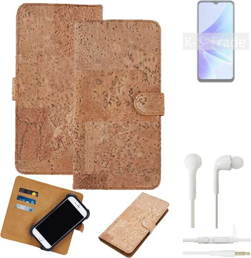 K-S-Trade Hülle kompatibel mit Oppo A57s + in ear Kopfhörer Kork Handyhülle Cover Schutzhülle TPU Case Bumper in Hellbraun, (1x)