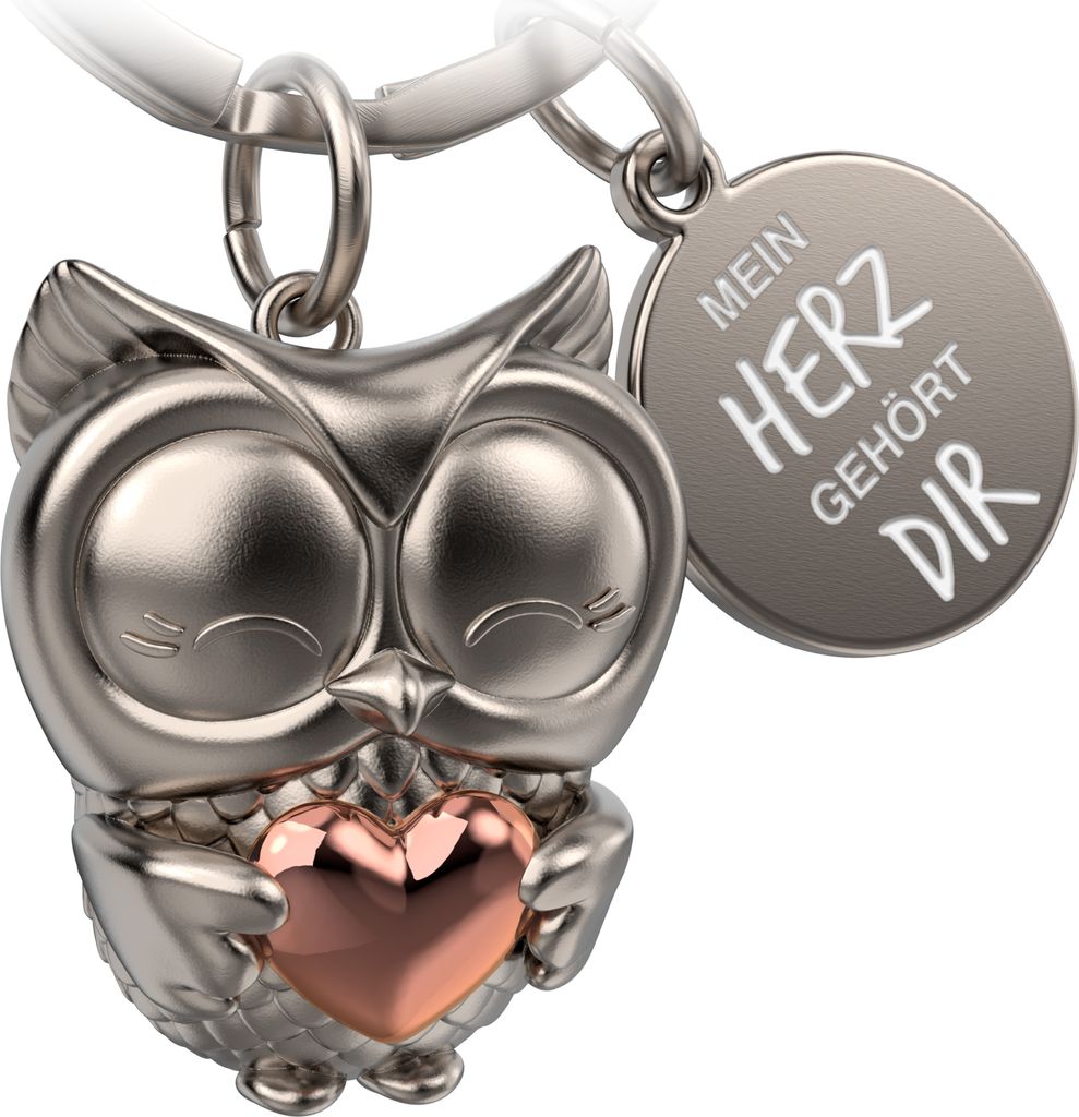 "Mein Herz gehört dir" Eule Schlüsselanhänger "Owly" mit Herz in Roségold und Gravur - Liebevoller Glücksbringer für Paare - Geschenk Liebe