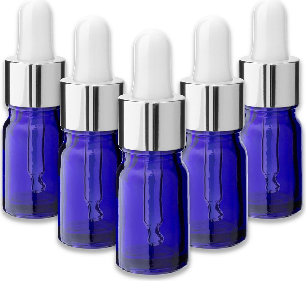 5x Blaue Glasflasche 5 ml mit silberner Aluminium-Pipette Fläschchen