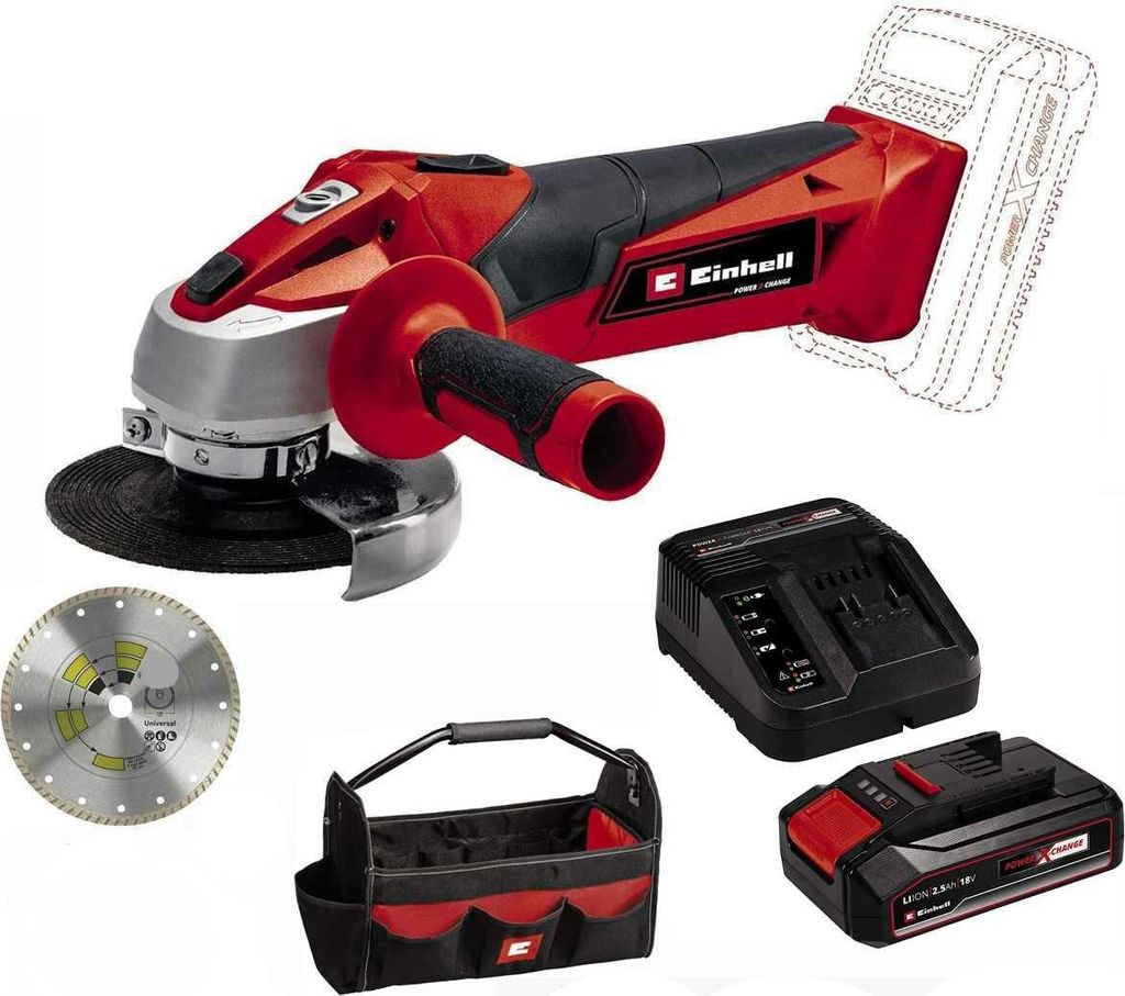 Einhell Winkelschleifer TE-AG 18/115 18V 115 mm +Akku 2.5 Ah, Bag Diamant Trennscheibe