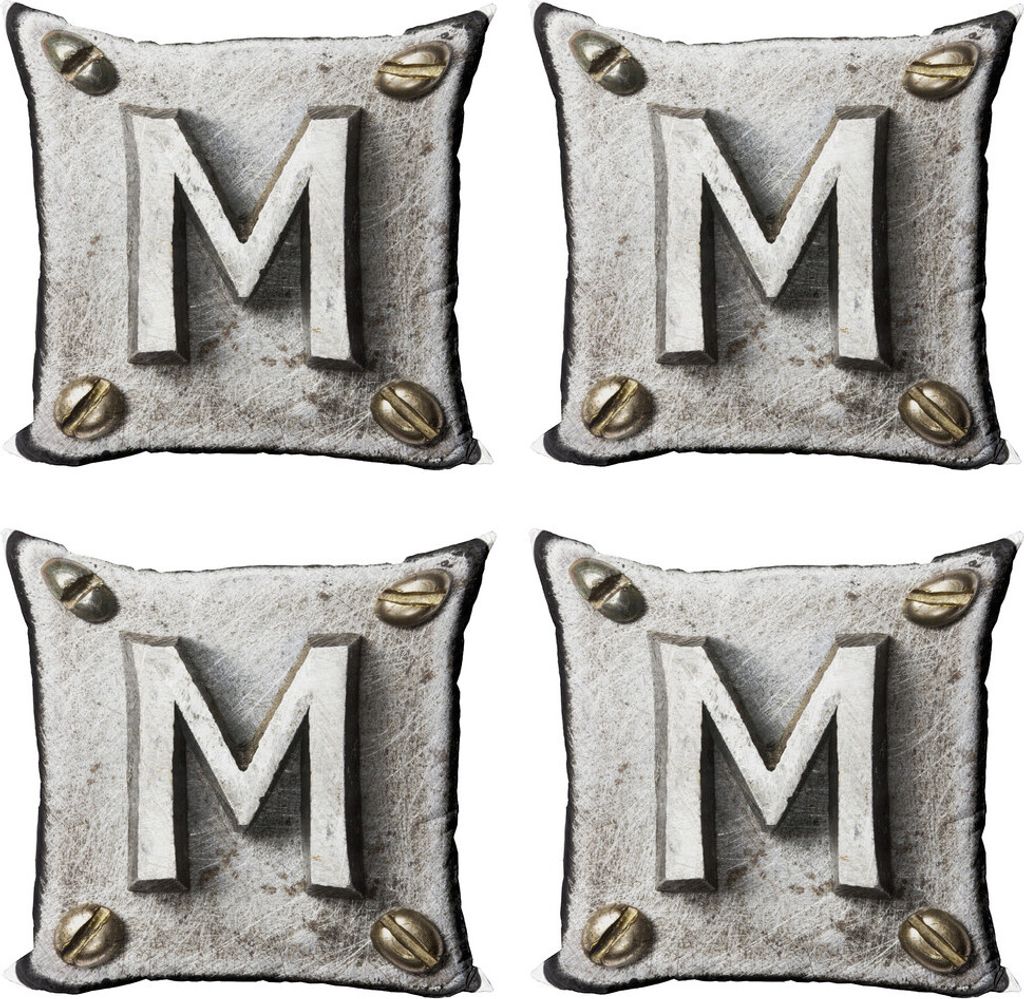 ABAKUHAUS Buchstabe M Kissenbezug Set (4 Stück), Stahl Typeset Grunge, Moderner Doppelseitiger Digitaldruck, 60 cm x 60 cm, Pale Grau Sepia