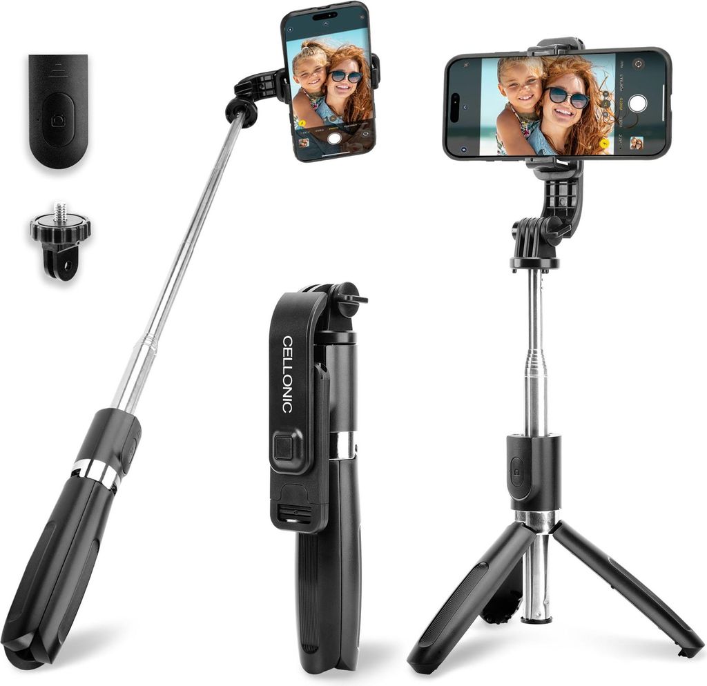 CELLONIC 2-in-1 Selfie-Stick und Stativ–1m langer ausziehbarer Selfie Stick & klappbares Dreibeinstativ mit Bluetooth Fernbedienung für Handy un...
