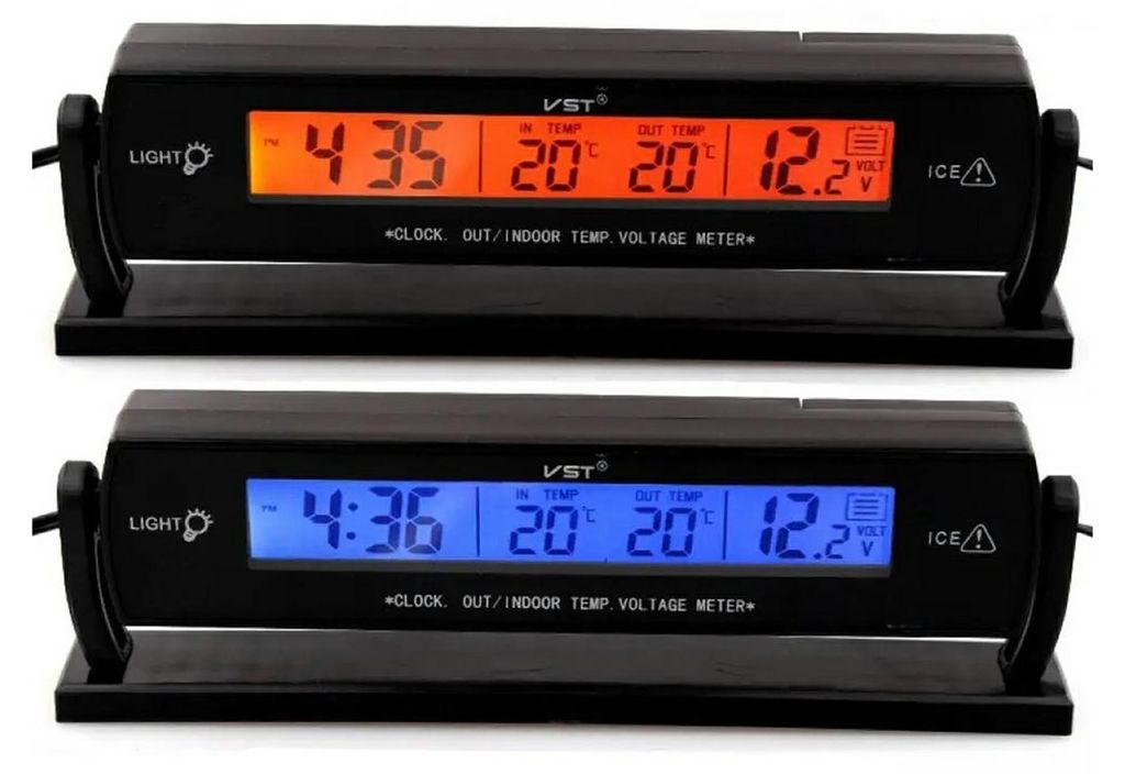 Two digital car clocks with thermometer and voltmeter functions are displayed side-by-side.