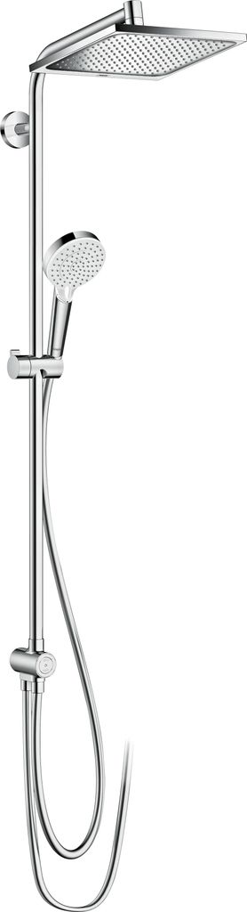 A showerpipe system with a rain showerhead and a handheld showerhead, mounted on a vertical bar.