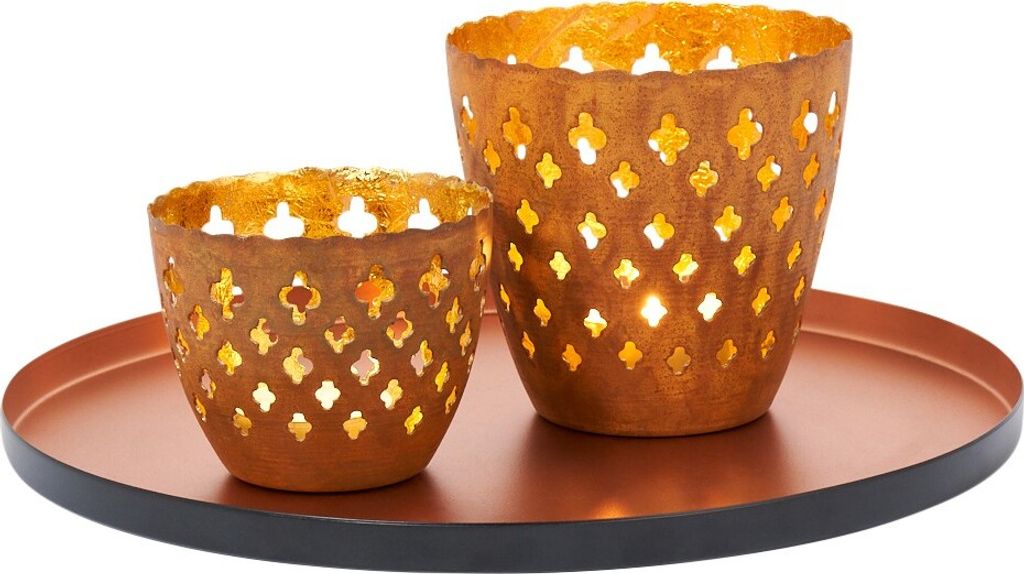Marrakesch Orient Deko Set Geschenkset -2- für Frauen und Männer | Tablett Serviertablett rund rutschfest 2X Windlicht | orientalische Wohnzimmer...