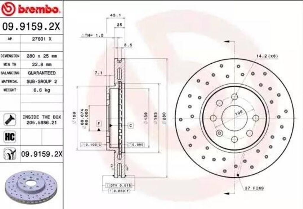 BREMBO 09.9159.2X - OE 569007 Bremsscheibe für Astra (A04), Astra H