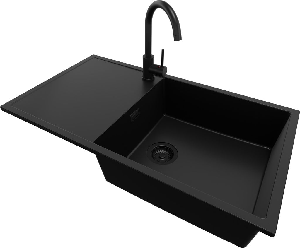 PRIMAGRAN Granitspüle Alles Schwarz 90x50cm, Spülbecken 1 Becken + Küchenarmatur 32x20cm + Ablauf-Set, Küchenspüle ab 60er Unterschrank - Ibiza