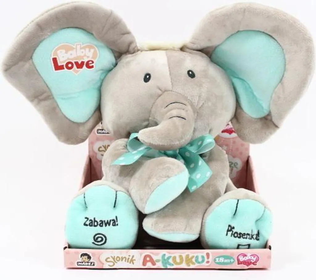Peluche interactive éléphant A Kuku beige menthe, jouet éveil 24 cm