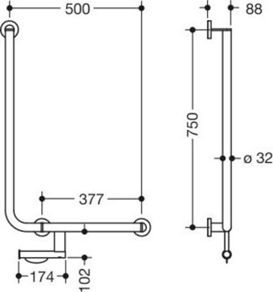 HEWI 900.22.11060 DX Winkelgriff, d:32/32, PRH, A1:750,