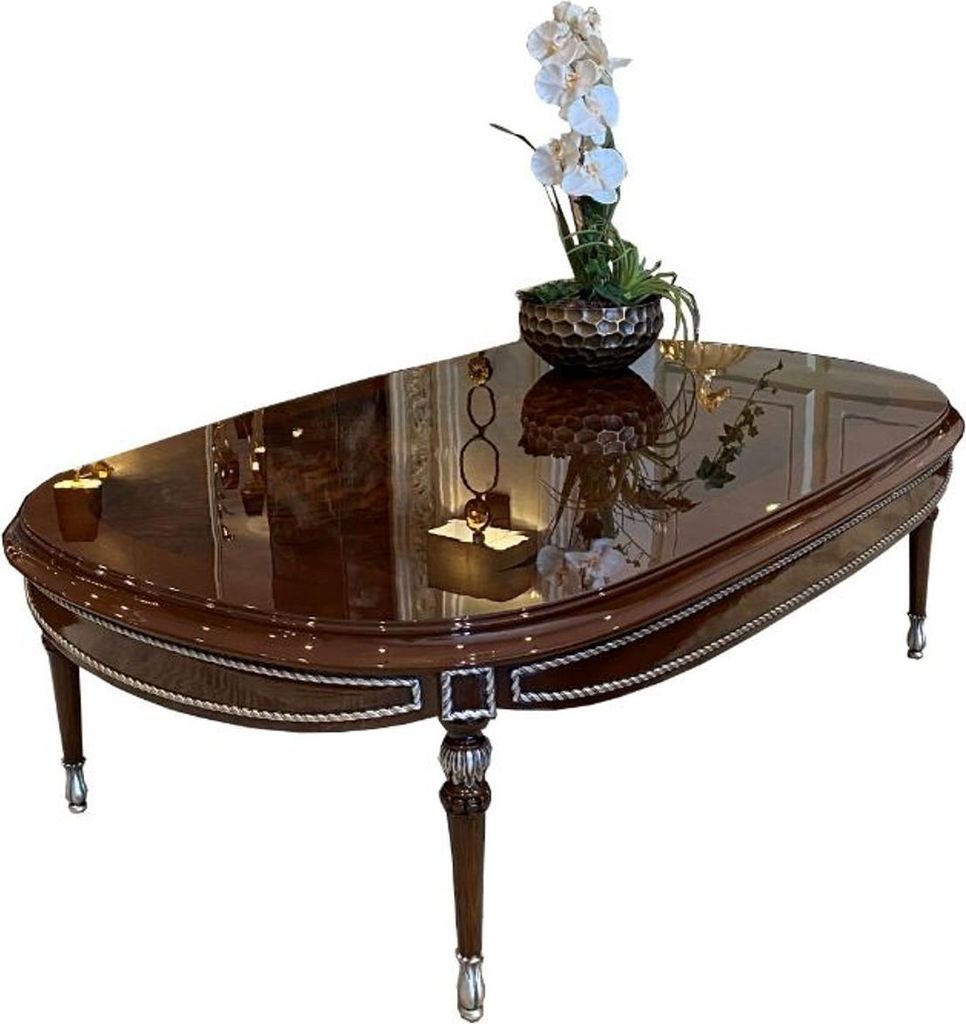 Casa Padrino Luxus Barock Couchtisch Braun / Silber 144 x 92 x H. 45 cm - Ovaler Massivholz Wohnzimmertisch - Edle Barock Wohnzimmer Möbel