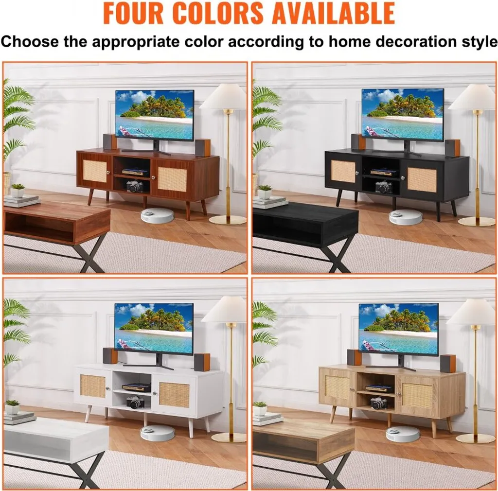 Console TV Rétro Blanche et Rotin - Buffet Bas Bohème avec Rangement 140cm