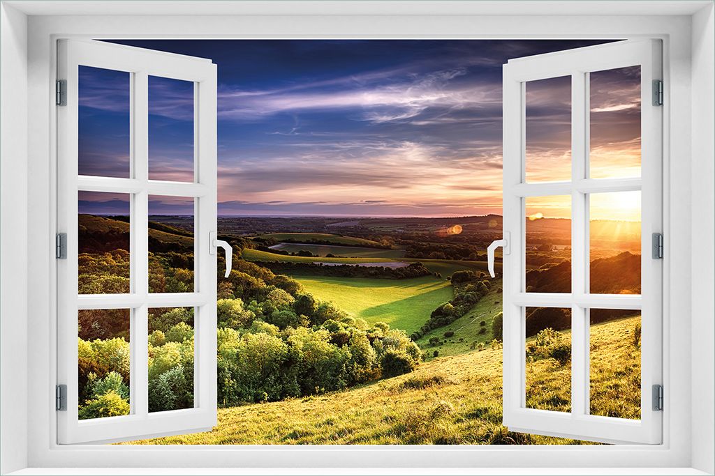 Wallario Poster mit Fenster-Illusion: Farbenfroher Sonnenuntergang in England, Größe: 61 x 91,5 cm (Maxiposter)