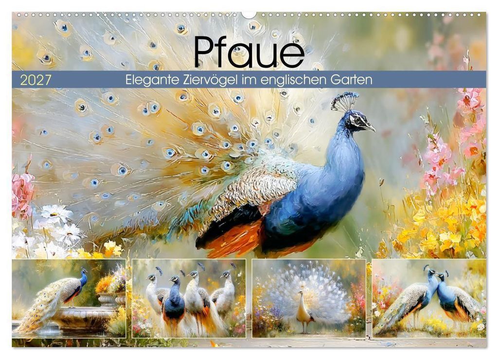 Pfaue. Elegante Ziervögel im englischen Garten (Wandkalender 2027 DIN A2 quer), CALVENDO Monatskalender