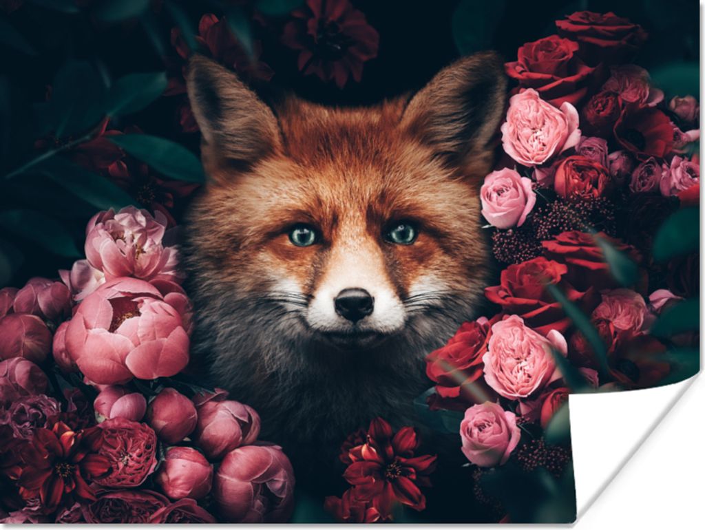 MuchoWow Poster Fuchs - Blumen - Tiere 120x90 cm - Wandbild