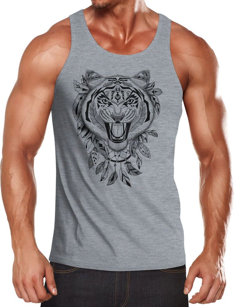 Herren Tank-Top Tiger Boho Zentangle Bohamian Atzec Federn Traumfänger Muskelshirt Muscle Shirt Neverless grau S