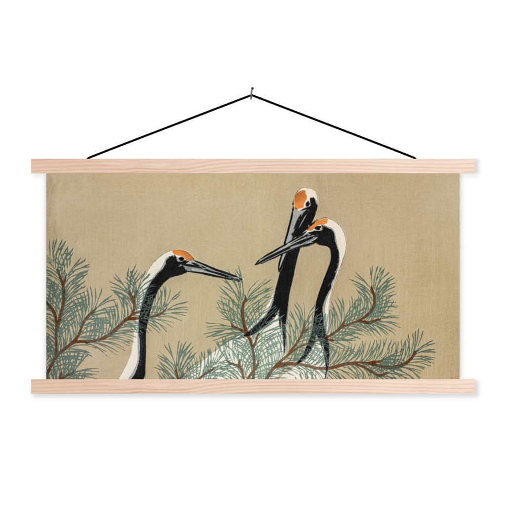 MuchoWow Textilposter Kranich - Äste - Blätter - Japanisch 120x60 cm mit holzfarbenen Rahmen - Klemmleiste