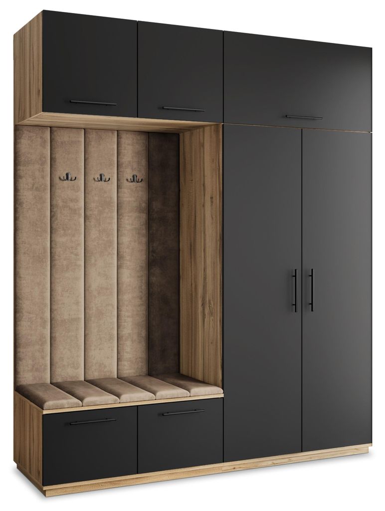 Masseno Garderobe-Set REMA 200/240/60 cm Modern Garderobenschrank Eiche Wotan, Veloursstoff MONOLITH 09 (Beige)