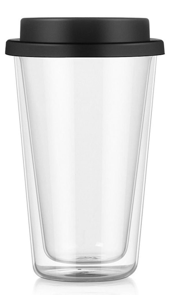 INF Elegantes Doppelwandiges Borosilikatglas Wasserglas mit Schwarzem Deckel - 350ml/550ml 550 ml