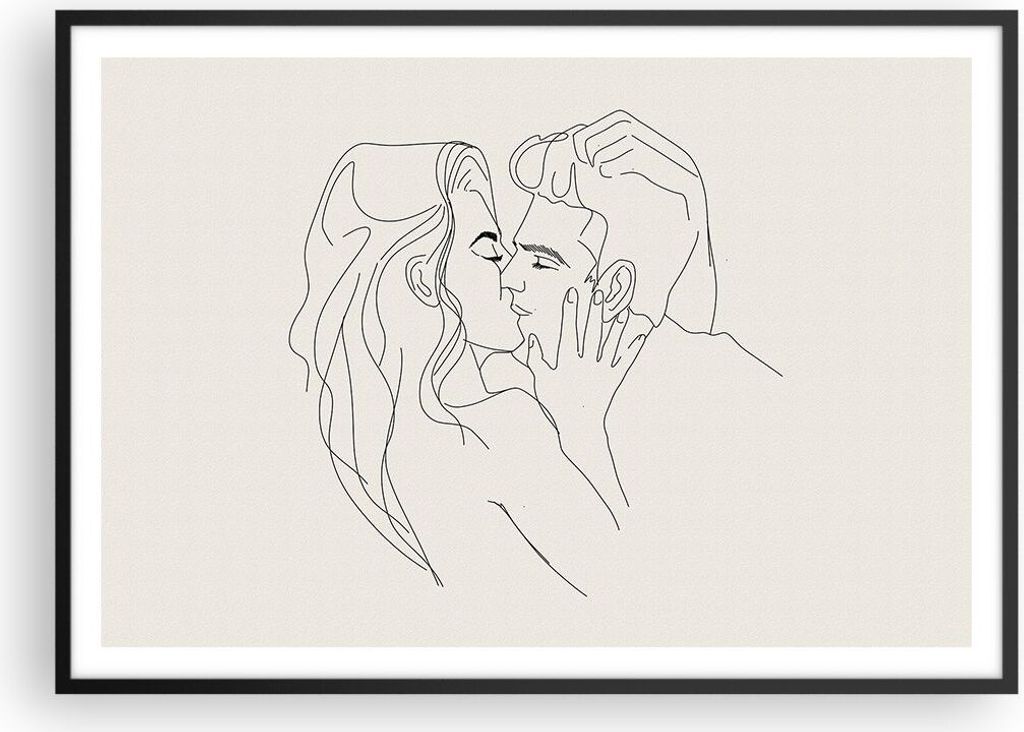 Gerahmtes Poster - Schwarzer Rahmen - Art. Linie Kuss - 100x70 cm - Wand Bild - Wanddeko - Wandbilder - Kunstposter - Wandposter - Bilderrahmen - B...