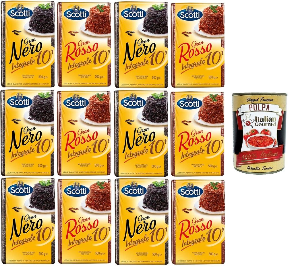 Riso Scotti - TestpaketGran Rosso Integrale 10' Gran Nero Integrale 10' Rotbrauner Reis,Schwarzbrauner Reis -12x 500 gr+ Italian Gourmet polpa 400g