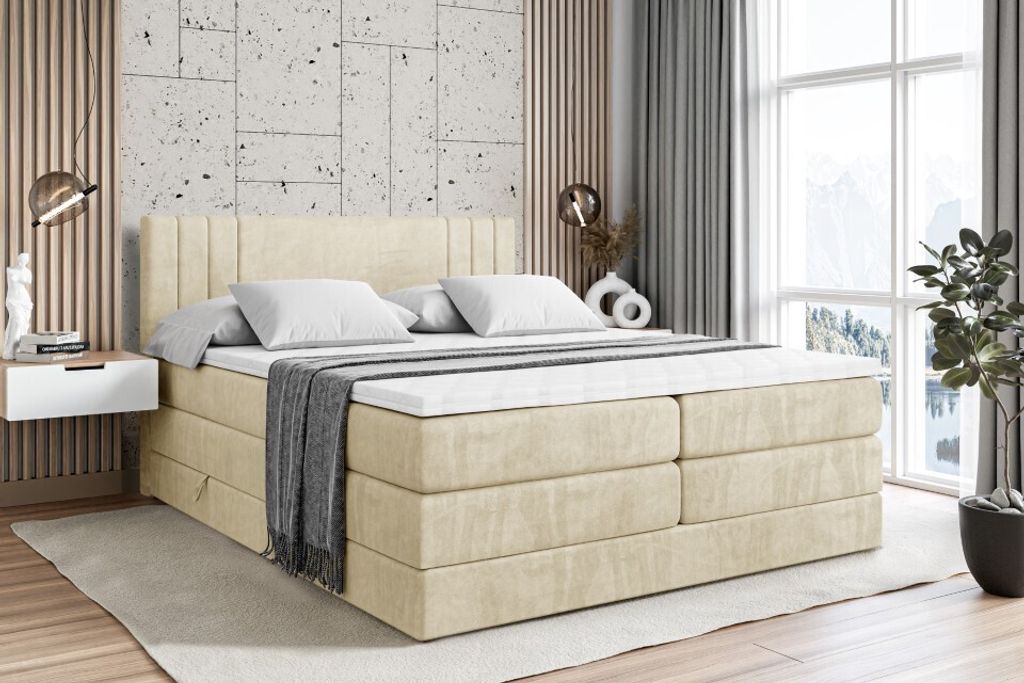 ALTDECOR Boxspringbett mit 2 Matratzen und Topper - 140x200 cm - IDRIKO KING - Beige Samt - Polsterbett mit, H3- und H4- Matratzen, Bettkasten und ...