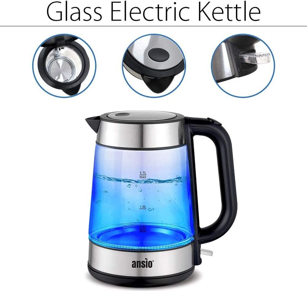 MULIN Glas-Wasserkocher, 1,7 Liter, 2200 Watt – Mit Blauer LED, Automatischer Abschaltung & 360° Basis