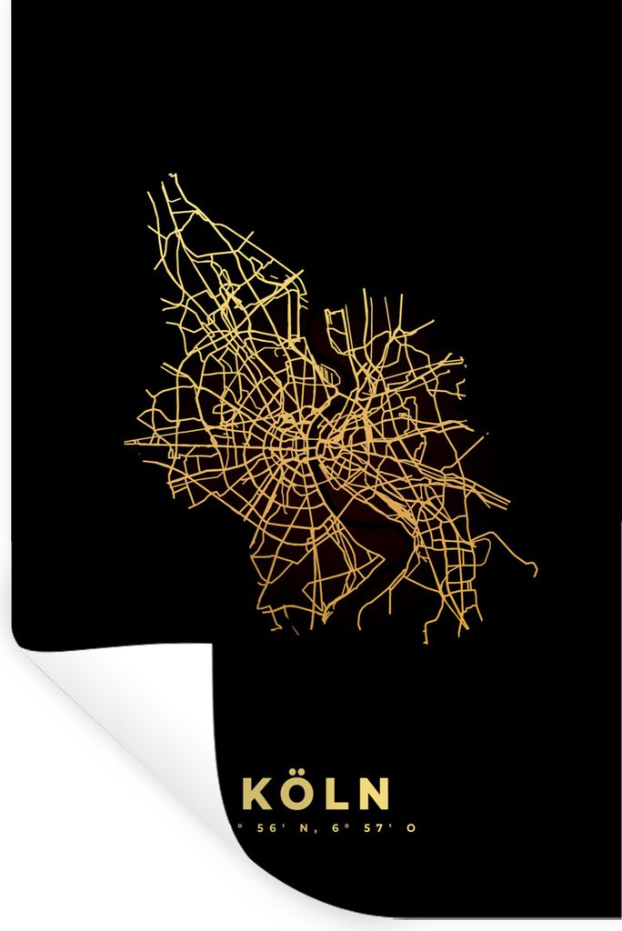 MuchoWow Wandtattoo Wandsticker Wandaufkleber Köln - Karte - Gold - Stadtplan 60x90 cm Selbstklebend und Repositionierbar - Sticker - Dekorfolie