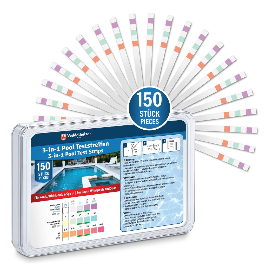 Veddelholzer 3-in-1 Pool Teststreifen (150 Stück) – pH-Wert, Freies Chlor & Alkalinität messen – Schnelle Wasseranalyse für Pool, Whirlpool ...