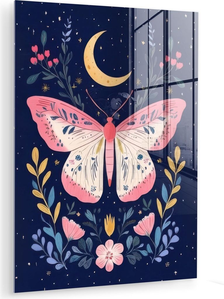 MuchoWow Glasbilder - Bilder auf Wandbild - Foto auf Glas Schmetterling - Mond - Blumen - Sternenhimmel 30x40 cm Wanddekoration aus Glas - Acrylgla...
