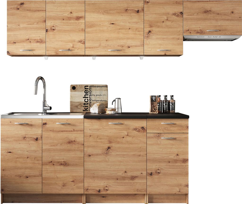 MIRJAN24 Küche Mela 240, Küchenzeile, 7 Schrank-Module frei kombinierbar, Küche-Set (Artisan Eiche / Schwarz, mit LED Beleuchtung)