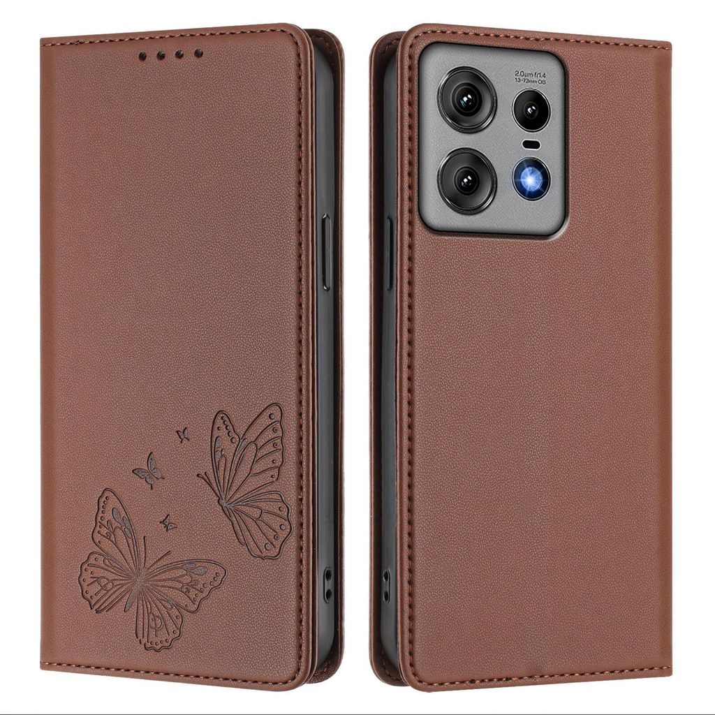 Lederhülle für Motorola Edge 50 Pro, Schmetterling Prägung Leder Brieftasche Schutzhülle mit Ständer Braun
