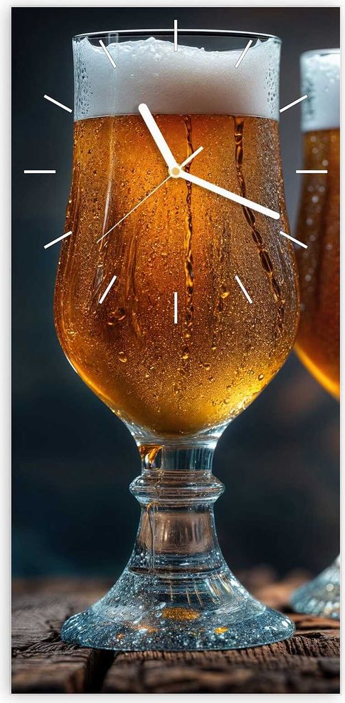 Wanduhr aus Glas mit Motiv Zwei Biergläser Holz- 30 x 60 cm - inkl. Aufhängesystem